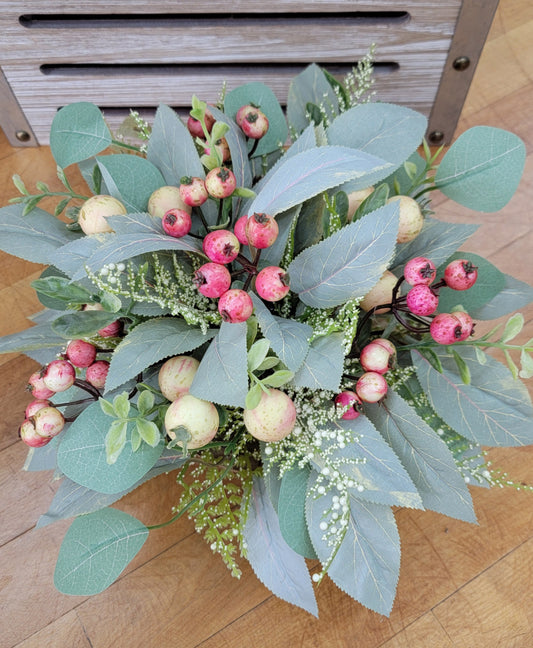 7.5" Green & Pink Mixed Leaves w/ Berries Table Piece